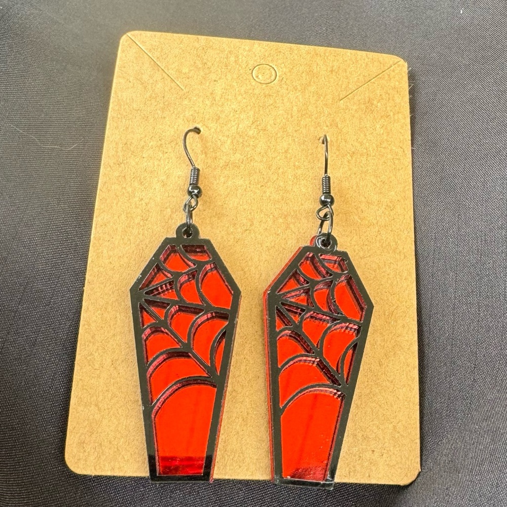 Red Coffin Fashion Earrings with Spiderweb